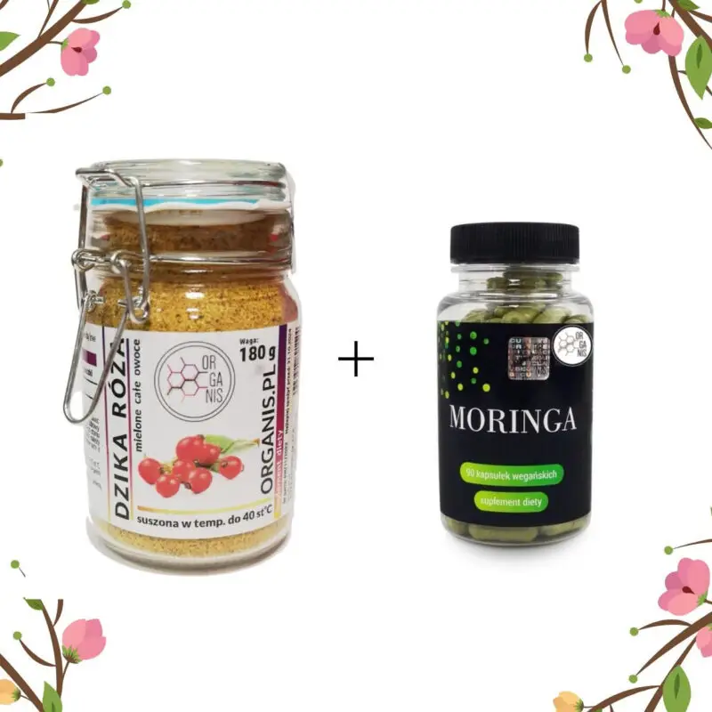 ZESTAW Moringa - 410 mg - 90 kapsułek + DZIKA RÓŻA MIELONA (cały owoc) 180g – Naturalna Witamina C