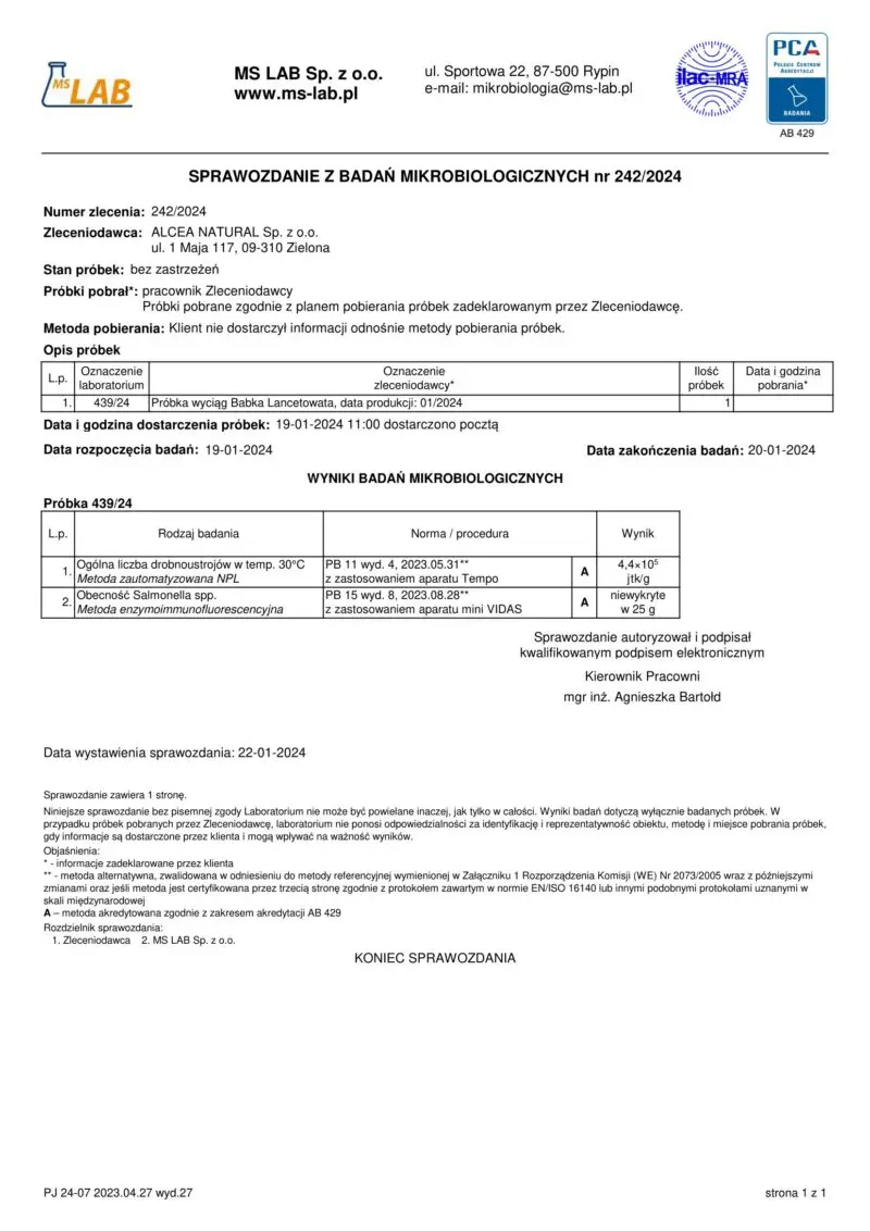 Badania mikrobiologiczne wyciąg babka lancetowata BABKA LANCETOWATA WYCIĄG Mikrocząsteczkowy 50ml krople ekstrakt - obrazek 2