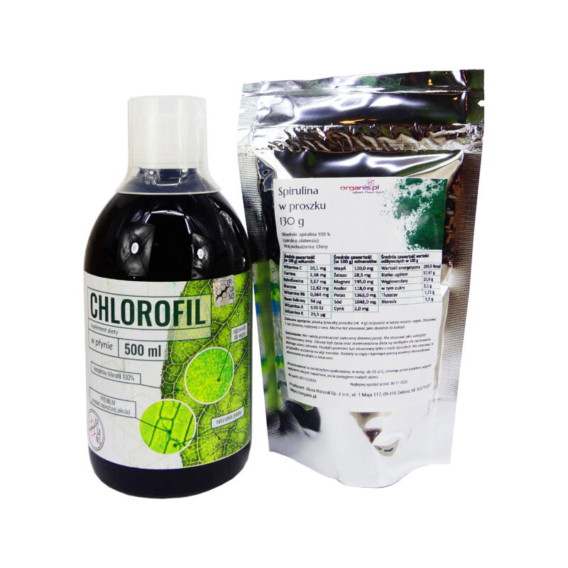 ZESTAW CHLOROFIL BESTSELLER w płynie 500ml + SPIRULINA W PROSZKU 130 G